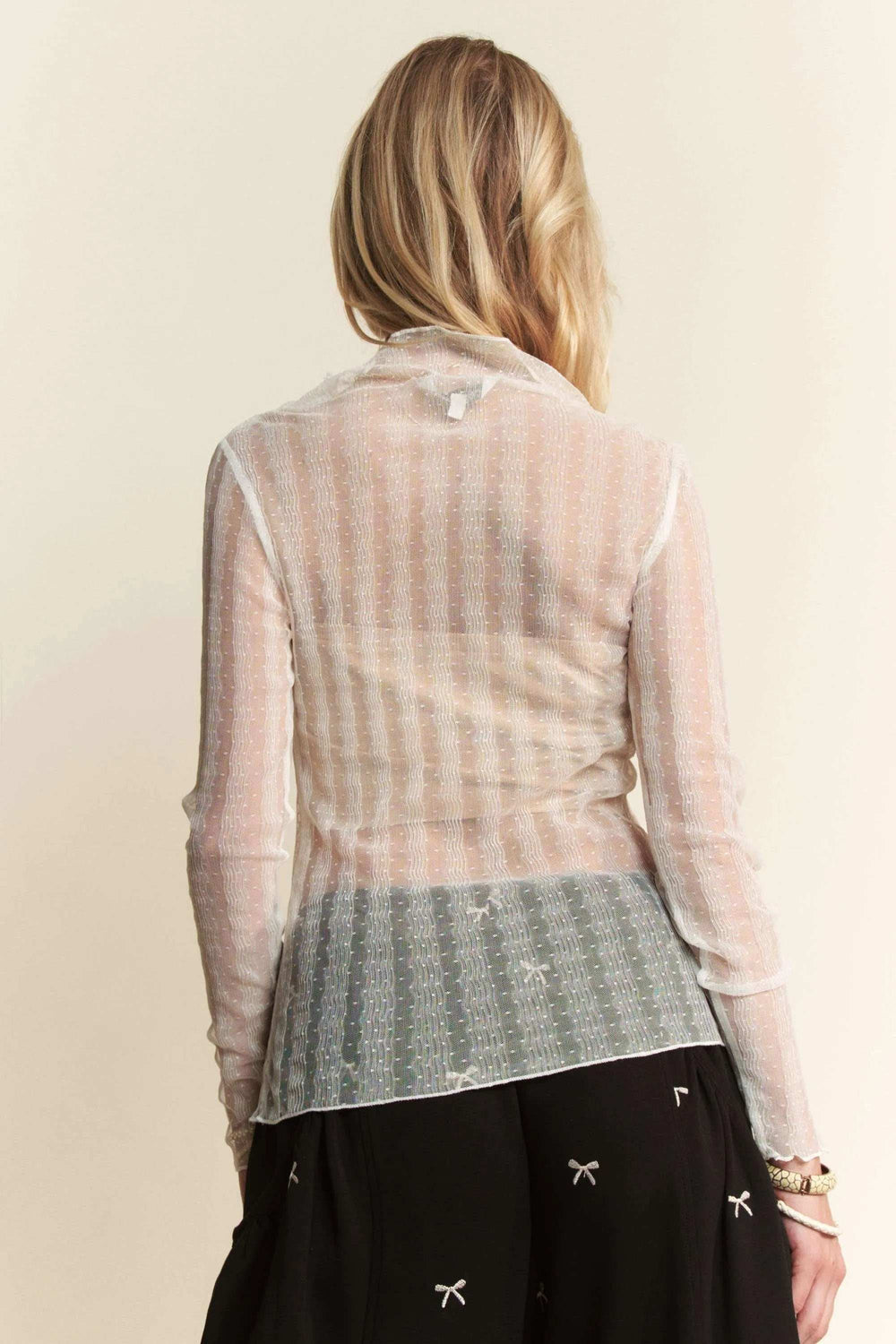 Davi & Dani Turtle Neck Lace Dotted Stretch Mesh Sheer Top - Trendsi - Flyclothing LLC