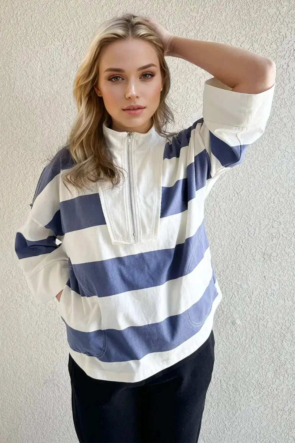 Oh Pima Cotton Wash Striped Half Zip Mock Neck Long Sleeve Top - Trendsi - Flyclothing LLC