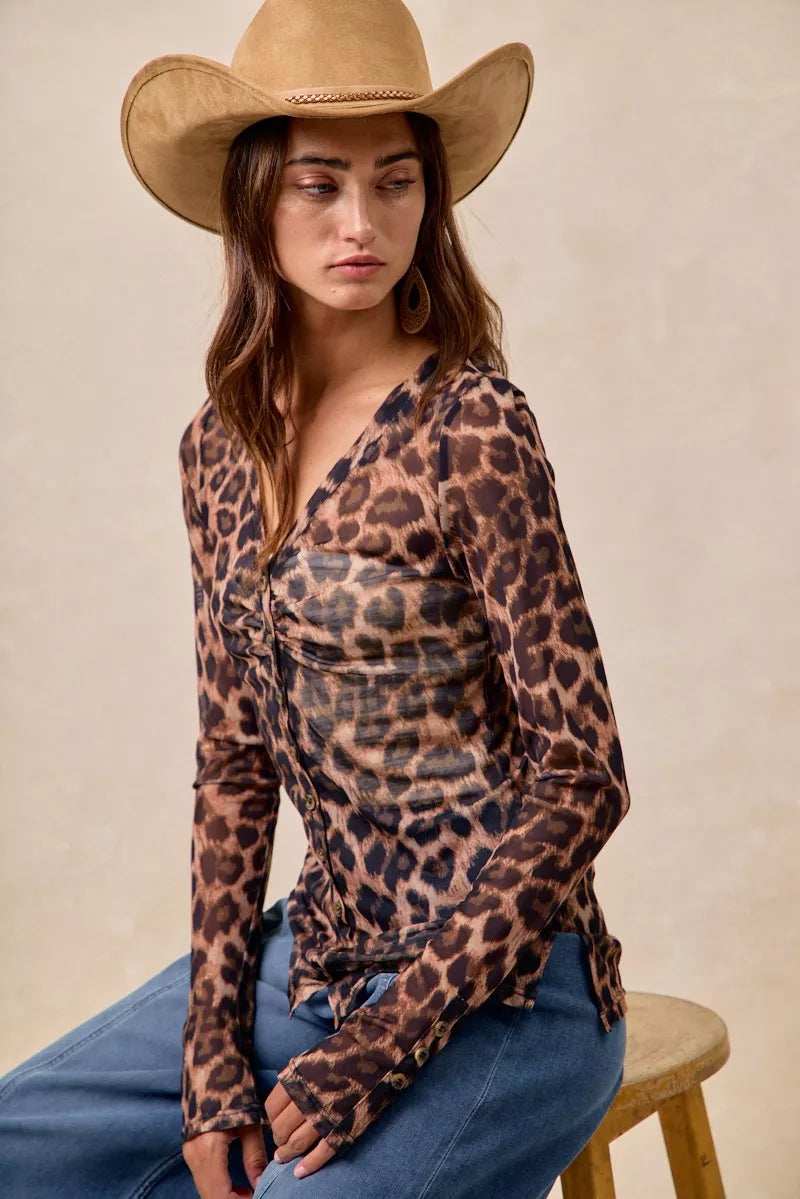 BiBi Leopard Printed Mesh Shirt With Button Up V Neck - Trendsi - Flyclothing LLC