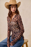 BiBi Leopard Printed Mesh Shirt With Button Up V Neck - Trendsi - Flyclothing LLC