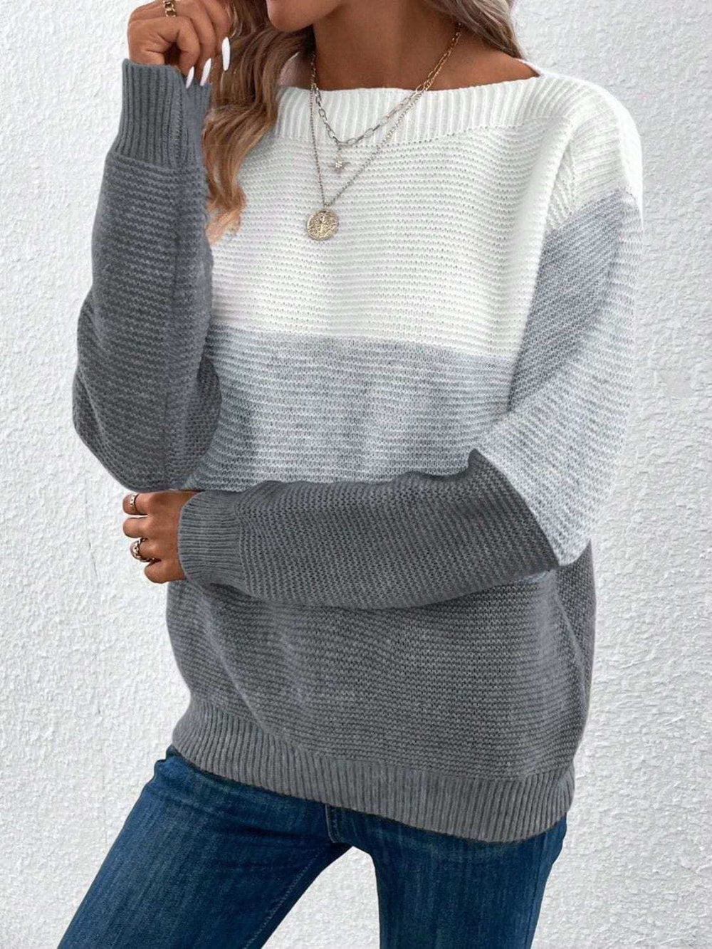 Color Block Boat Neck Sweater - Trendsi - Flyclothing LLC