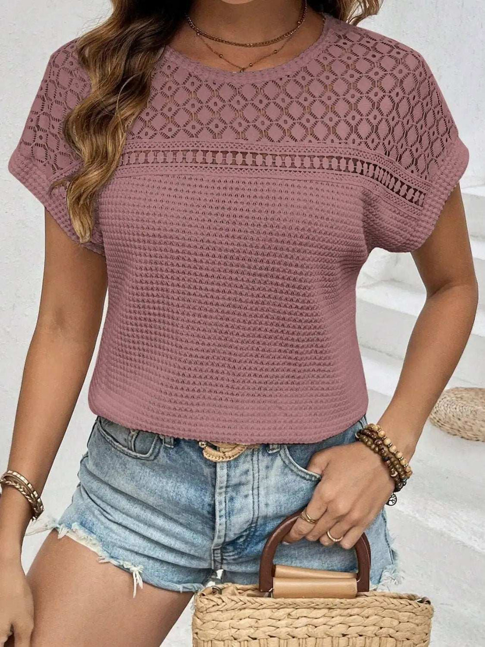 Waffle-Knit Round Neck Short Sleeve Top - Trendsi - Flyclothing LLC