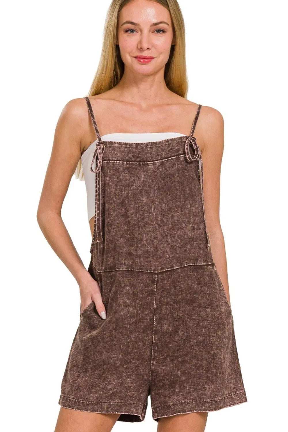 Zenana Washed Linen Knot Strap Rompers - Trendsi - Flyclothing LLC
