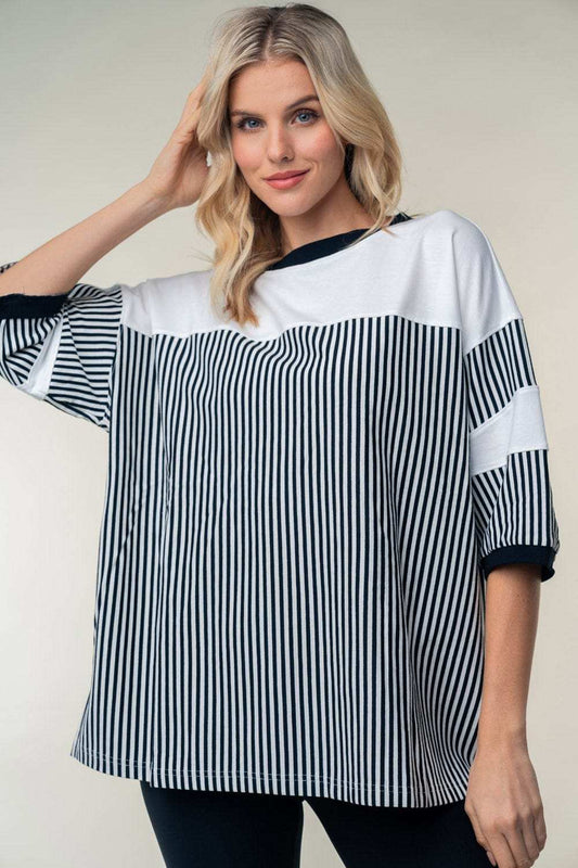 White Birch Full Size Striped Contrast Round Neck Top - Trendsi - Flyclothing LLC