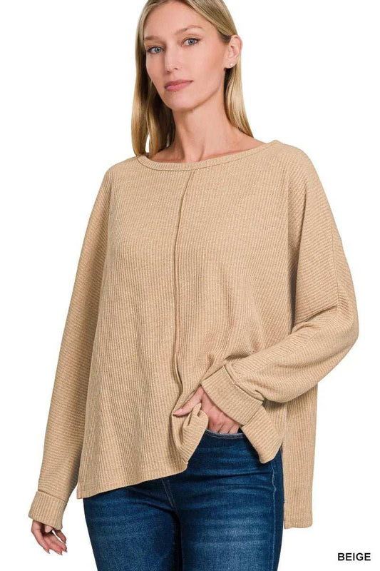 Zenana Ribbed Center Seam Dolman Sleeve Hi Low Sweater - Trendsi - Flyclothing LLC
