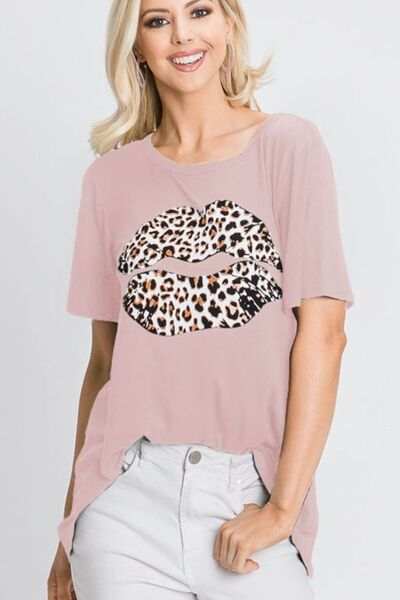 Heimish Full Size Leopard Lip Round Neck Short Sleeve T-Shirt Plus Size - Trendsi - Flyclothing LLC