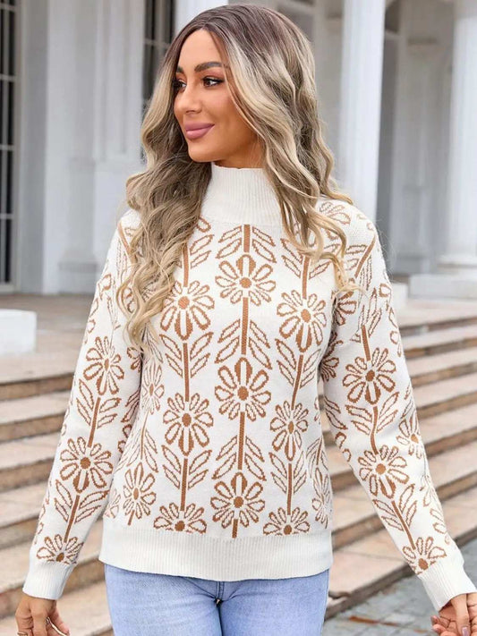Flower Turtleneck Long Sleeve Sweater - Trendsi - Flyclothing LLC