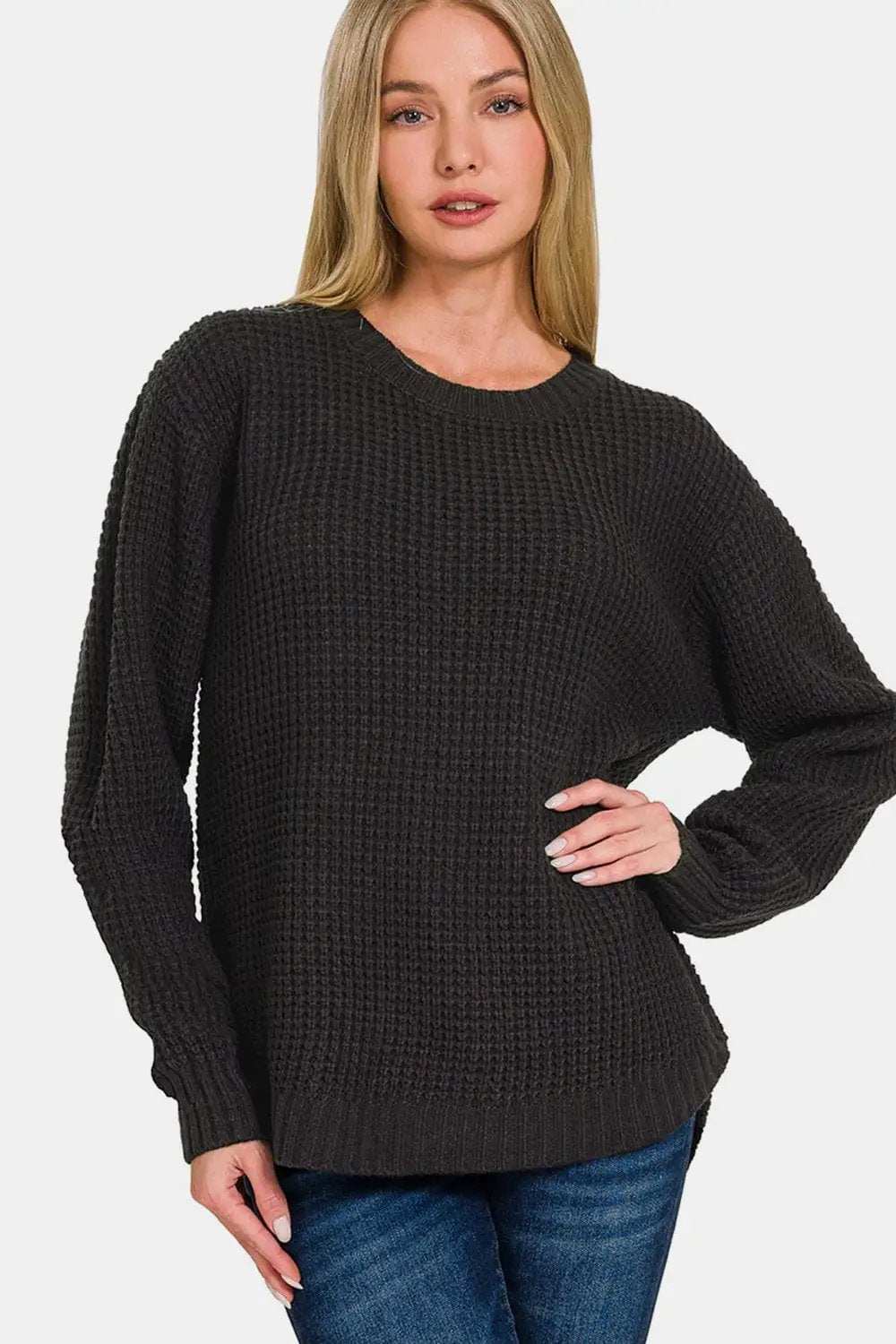 Zenana High Low Long Sleeve Waffle Sweater - Trendsi - Flyclothing LLC