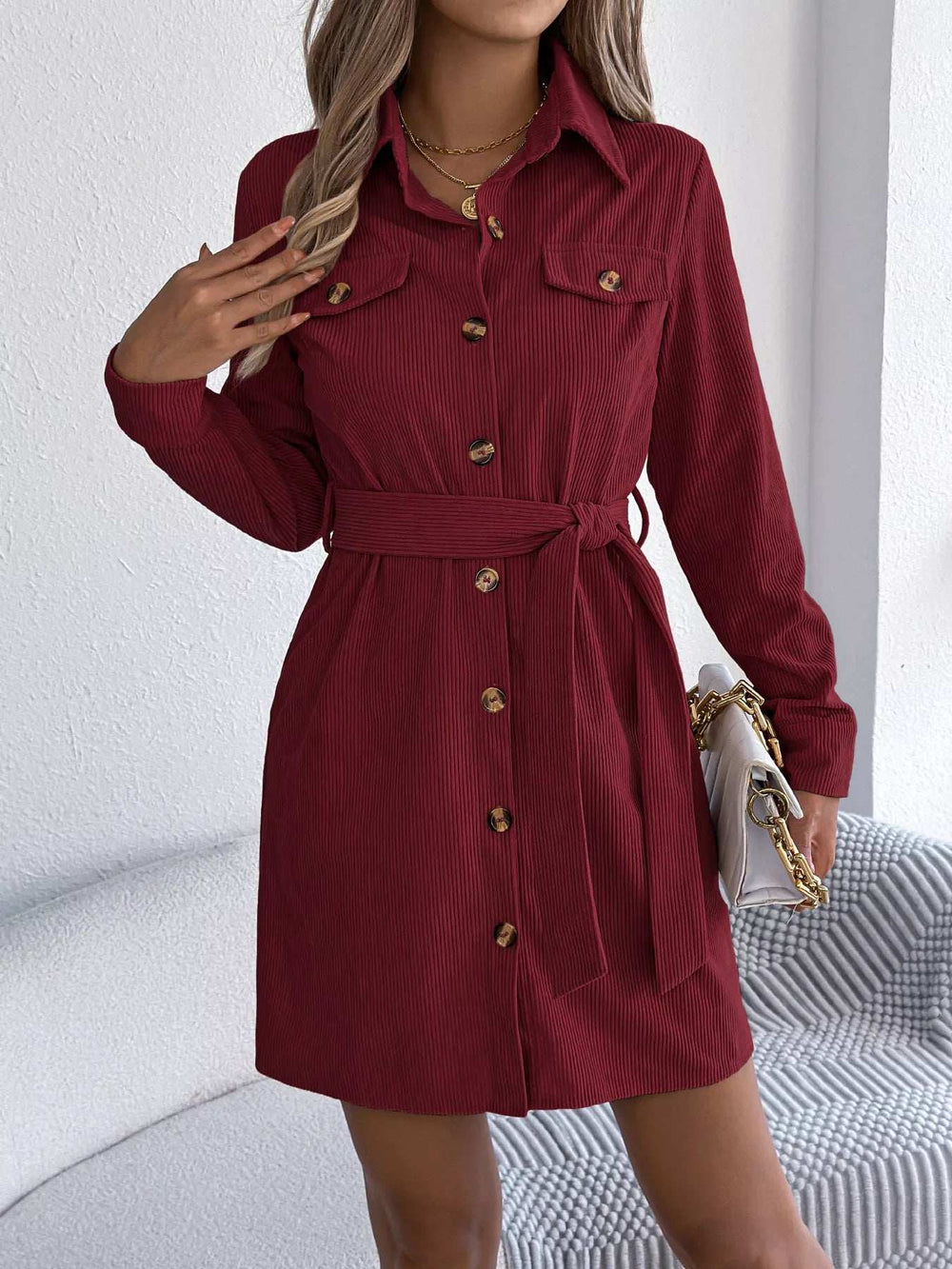 Button-Front Corduroy Shirt Dress - Trendsi - Flyclothing LLC