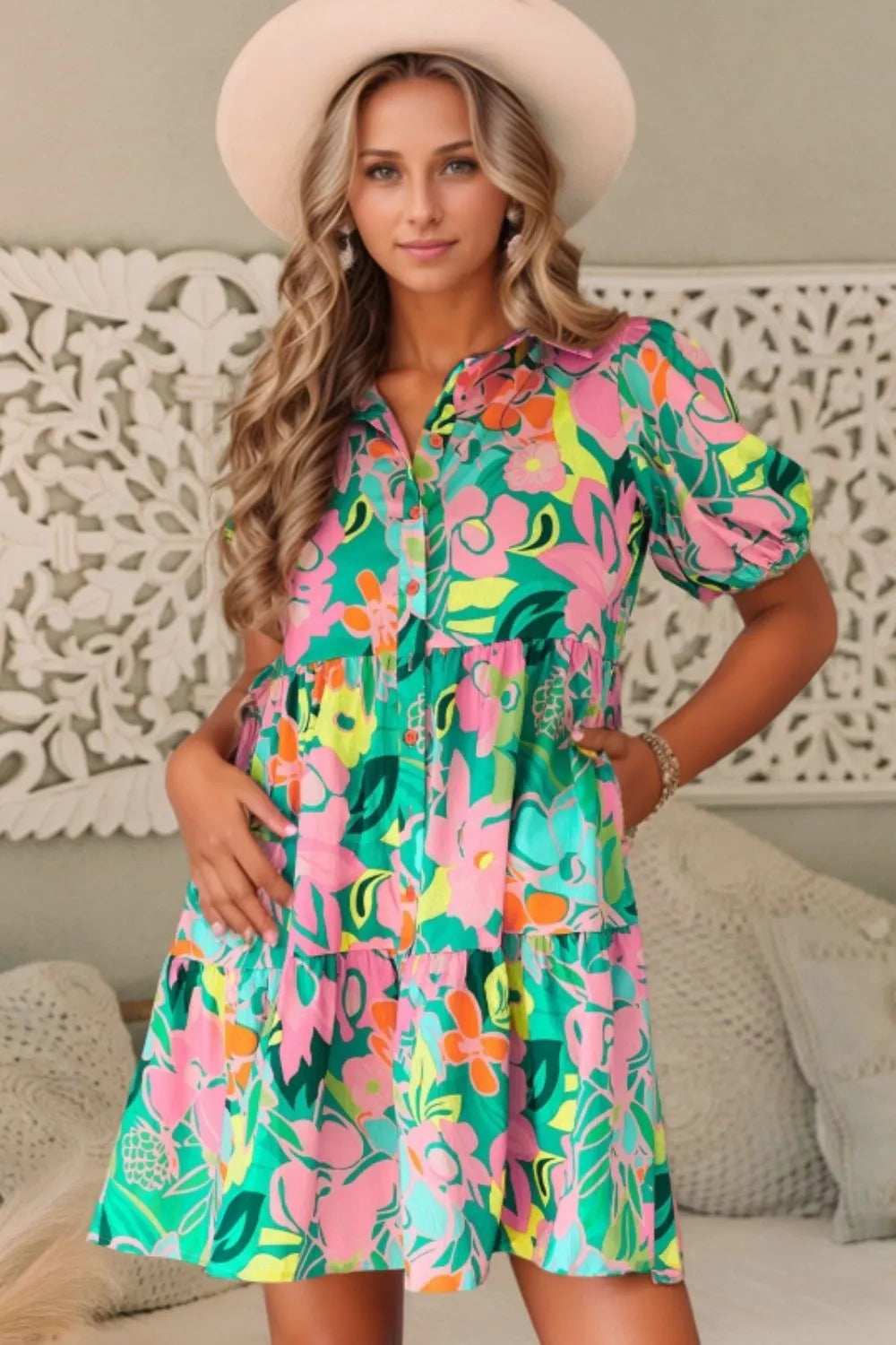 Button Down Floral Puff Sleeve Babydoll Dress - Trendsi - Flyclothing LLC