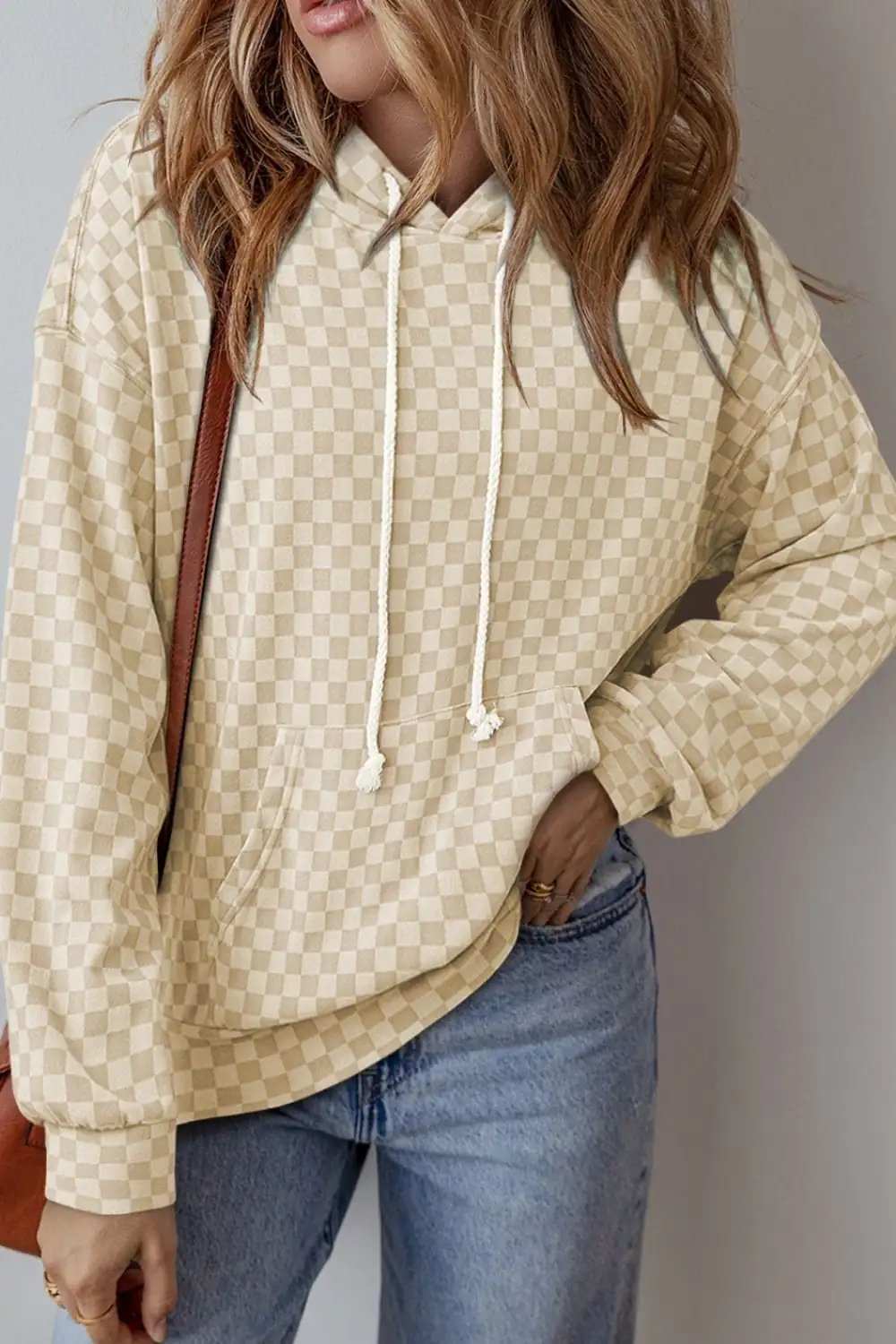Checkered Print Kangaroo Pocket Drawstring Hoodie - Trendsi - Flyclothing LLC