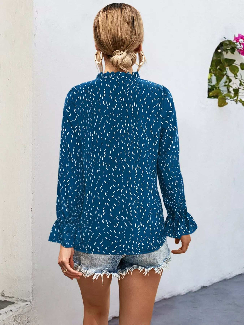 Ruffled Printed Tie Neck Long Sleeve Blouse - Trendsi - Flyclothing LLC