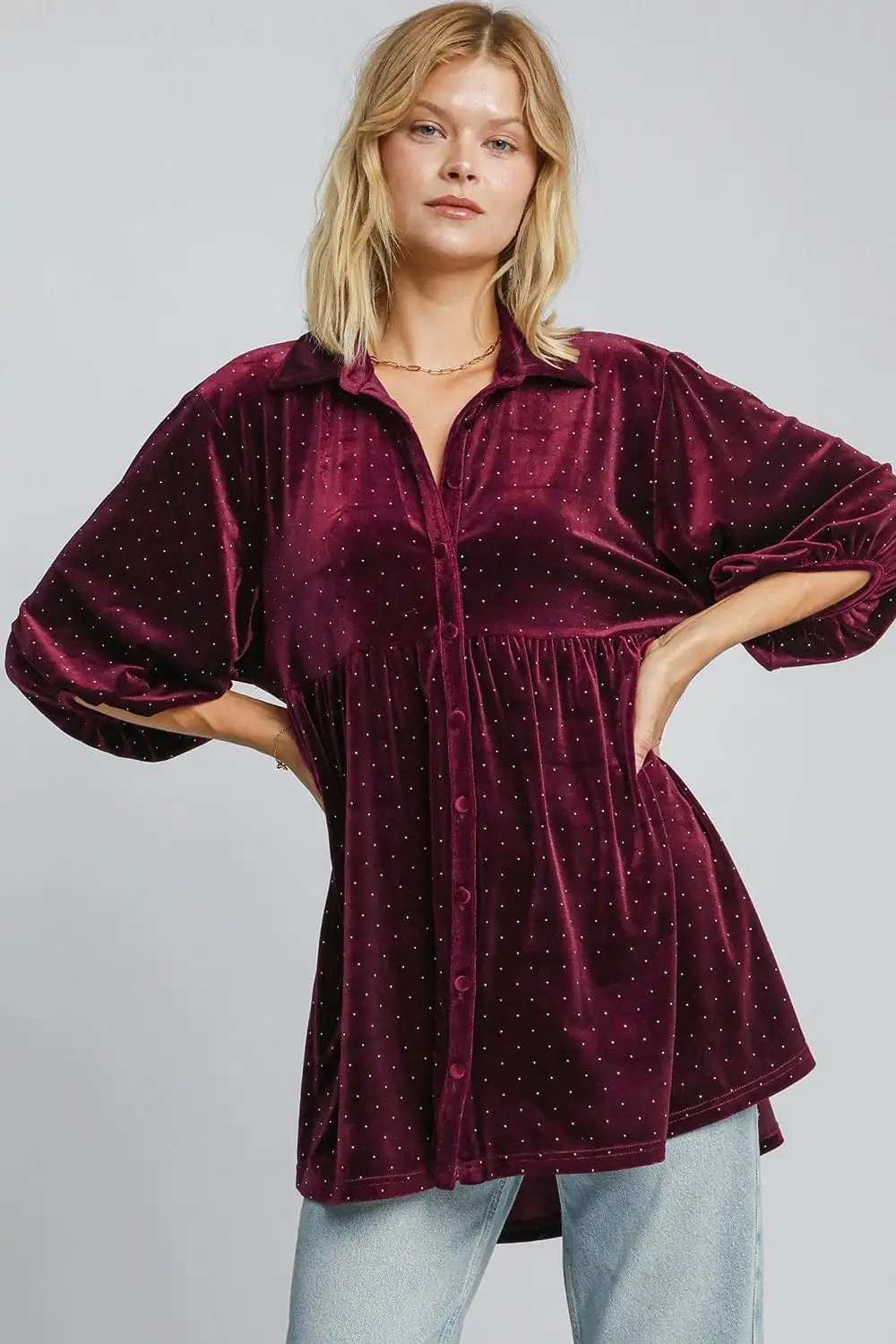 Umgee Full Size Polka Dot Button Up Half Sleeve Shirt - Trendsi - Flyclothing LLC