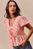 SO ME All Over Heart Ribbon Tie Baby Doll Valentine Blouse - Trendsi - Flyclothing LLC
