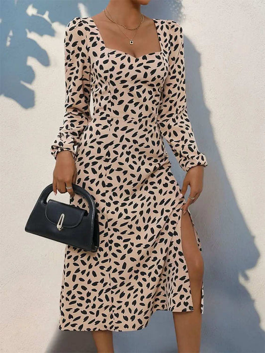 Tied Slit Printed Long Sleeve Midi Dress - Trendsi - Flyclothing LLC