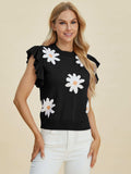 Double Take Full Size Ruffled Flower Round Neck Cap Sleeve Sweater - Trendsi - Flyclothing LLC