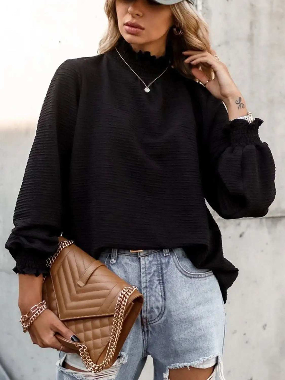 Smocked Frill Mock Neck Long Sleeve Blouse - Trendsi - Flyclothing LLC