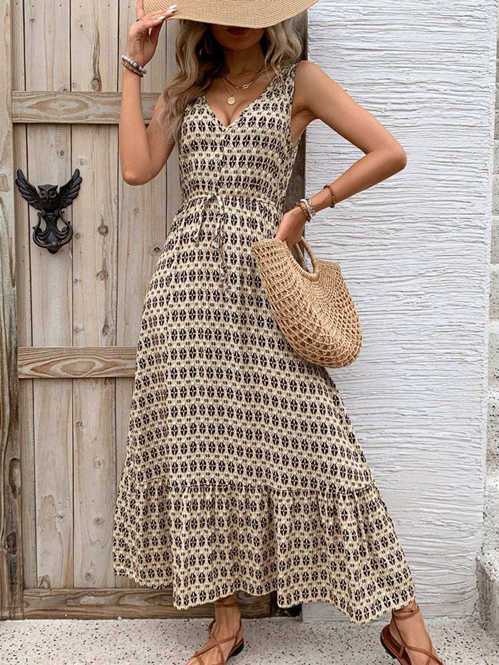 Printed V-Neck Tie Waist Midi Dress - Trendsi - Flyclothing LLC