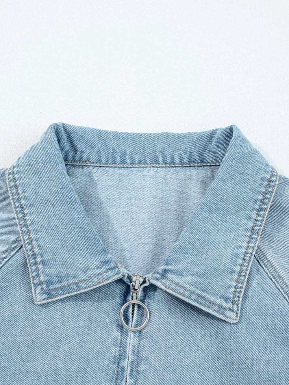 Elastic Edge Collared Zip Up Denim Jacket With Pocket - Trendsi - Flyclothing LLC