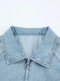 Elastic Edge Collared Zip Up Denim Jacket With Pocket - Trendsi - Flyclothing LLC