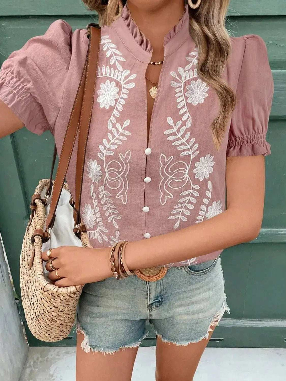 Embroidered Frill Notched Short Sleeve Blouse - Trendsi - Flyclothing LLC