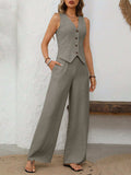 V-Neck Button Down Vest and Wide Leg Pants Set - Trendsi - Flyclothing LLC