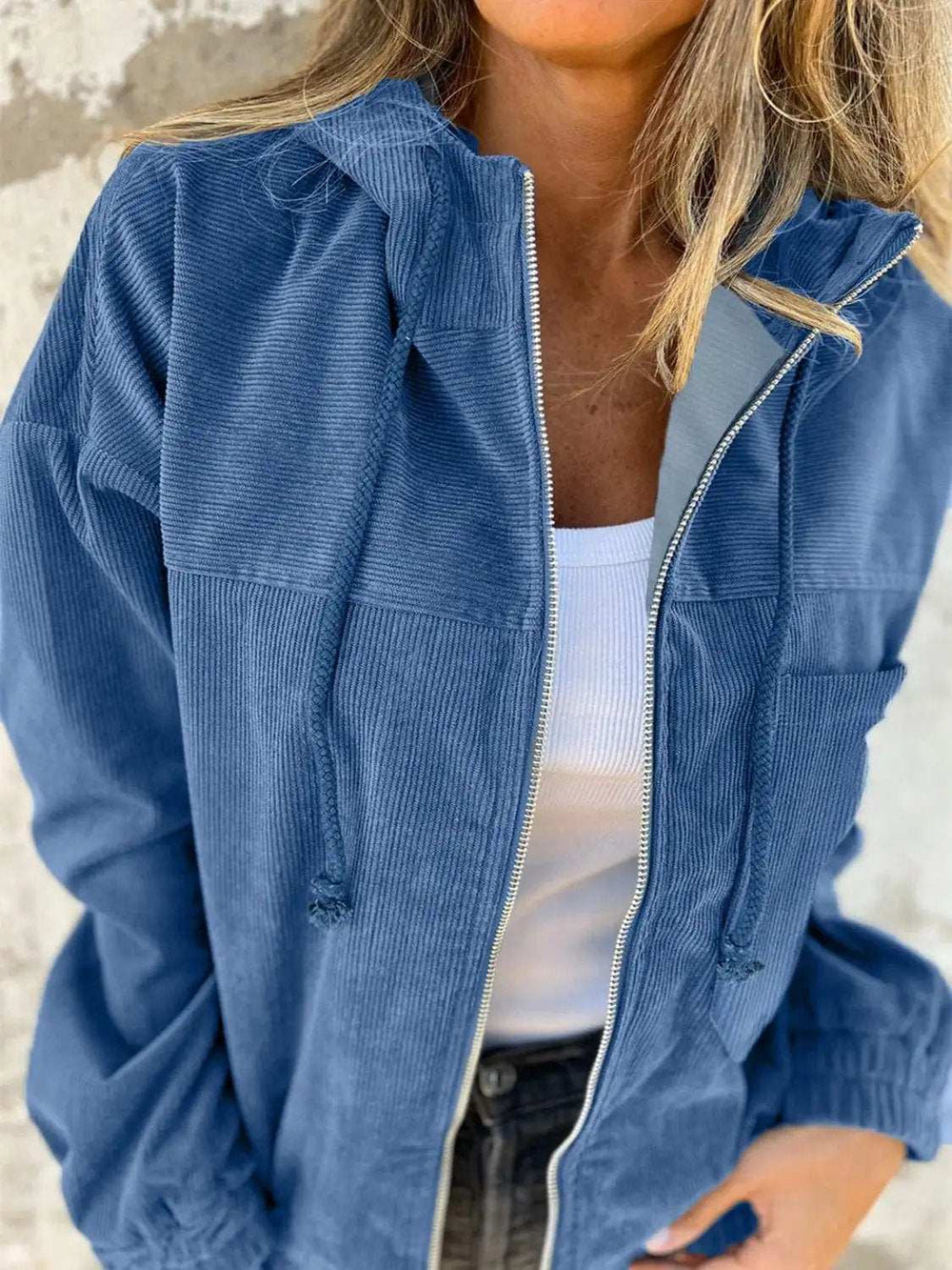 Drawstring Zip Up Long Sleeve Hooded Jacket - Trendsi - Flyclothing LLC