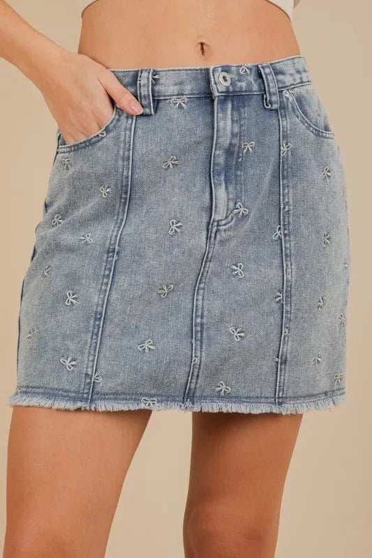 VERY J Bow Printed Casual Denim Mini Skirt - Trendsi - Flyclothing LLC