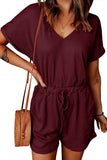 Full Size Drawstring V-Neck Short Sleeve Romper - Trendsi - Flyclothing LLC