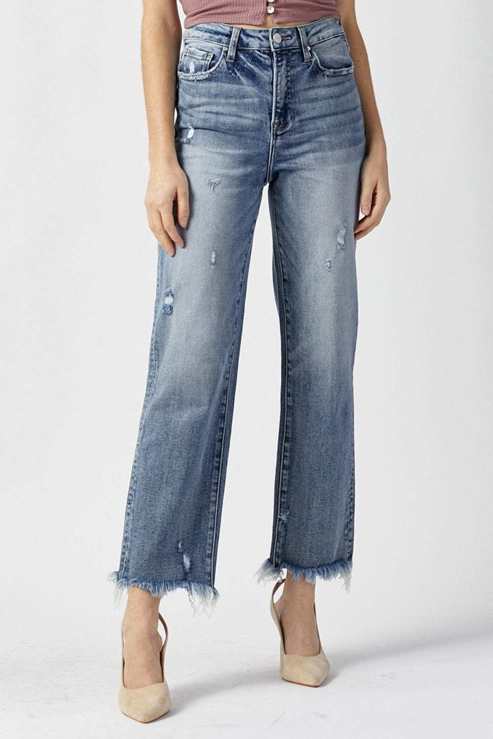 RISEN High Waist Raw Hem Straight Jeans - Trendsi - Flyclothing LLC