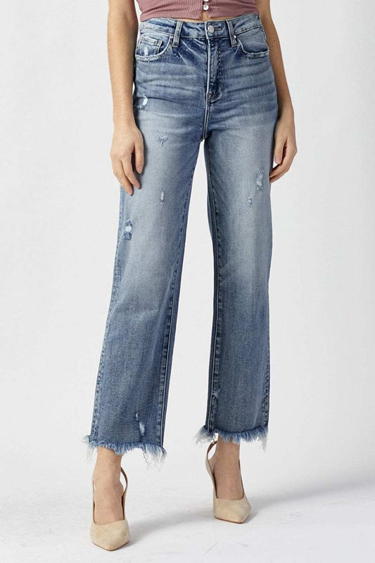 RISEN High Waist Raw Hem Straight Jeans - Trendsi - Flyclothing LLC
