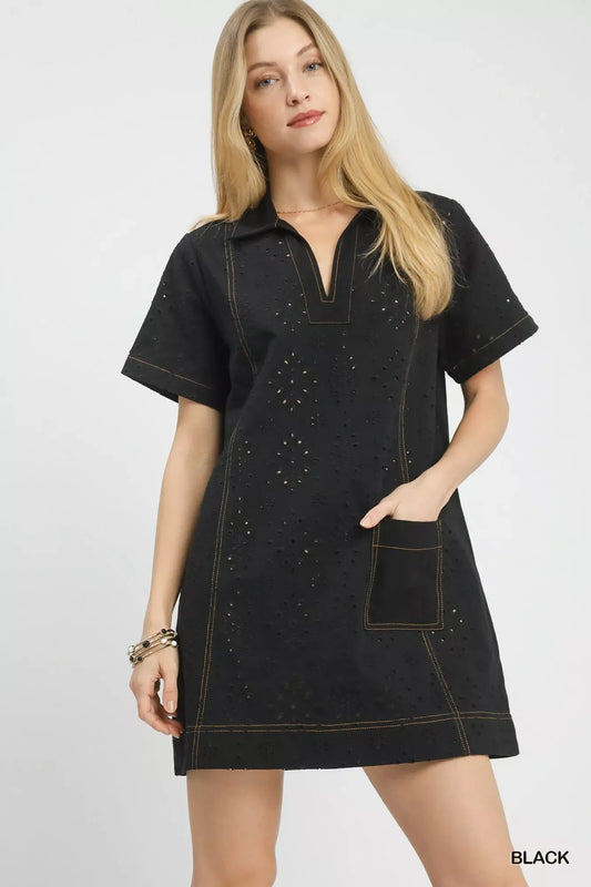 Umgee Eyelet Short Sleeve Shift Dress with Pocket - Trendsi - Flyclothing LLC