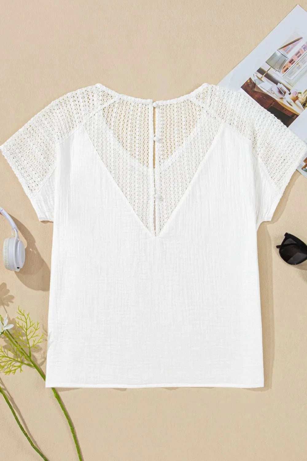Lace Crochet Textured Button Back V Neck T Shirt - Trendsi - Flyclothing LLC