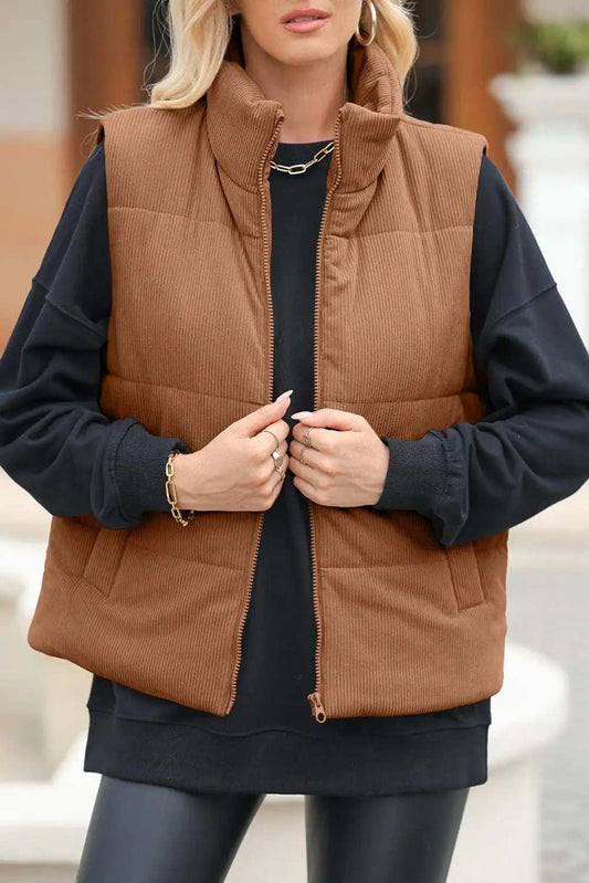 Pocketed Zip Up Turtleneck Vest Coat - Trendsi - Flyclothing LLC