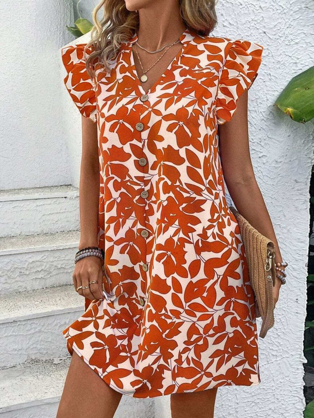 Printed Notched Cap Sleeve Mini Dress - Trendsi - Flyclothing LLC