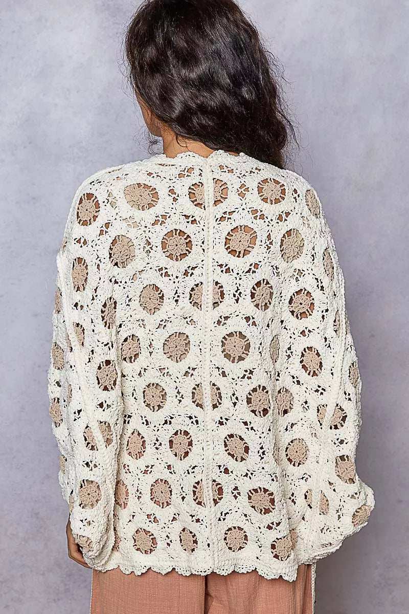 POL Openwork V-Neck Chenille Cardigan with Contrast Floral - Trendsi - Flyclothing LLC