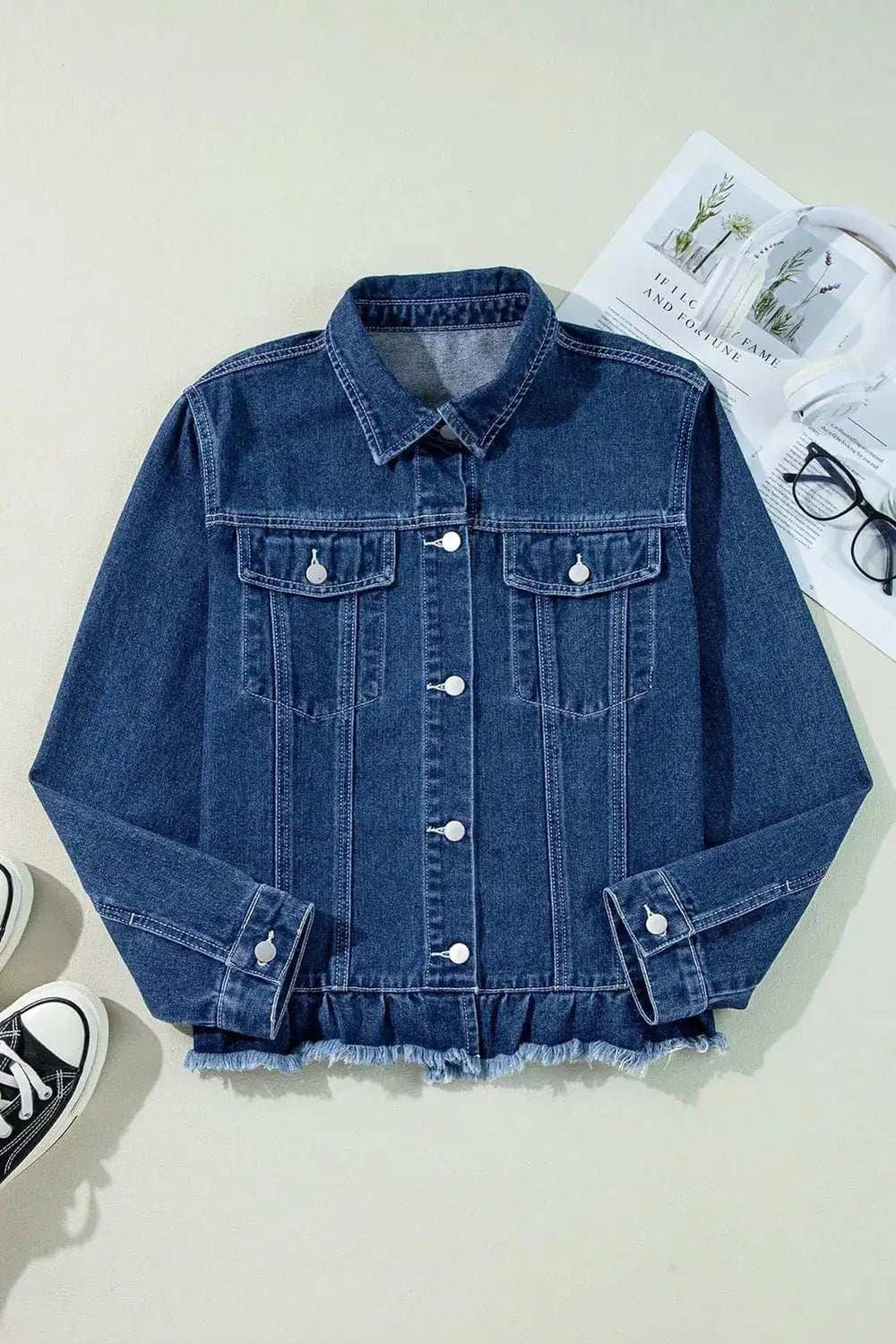 Raw Hem Long Sleeve Denim Jacket - Trendsi - Flyclothing LLC