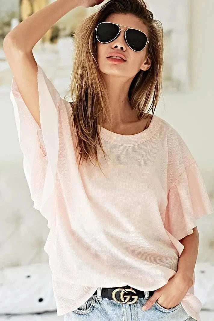 BiBi Thermal Knit with Ruffled Sleeve Top - Trendsi - Flyclothing LLC
