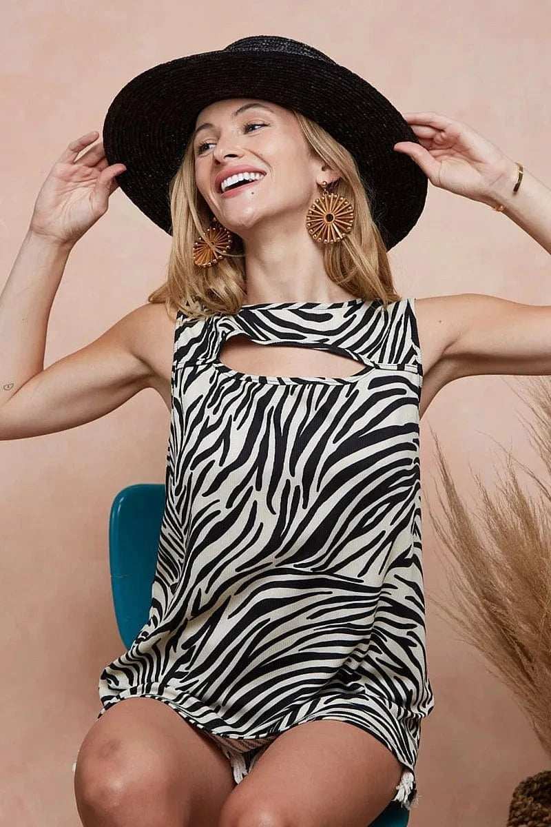 BiBi Zebra Printed Rib with Cut Out Front Sleeveless - Trendsi - Flyclothing LLC