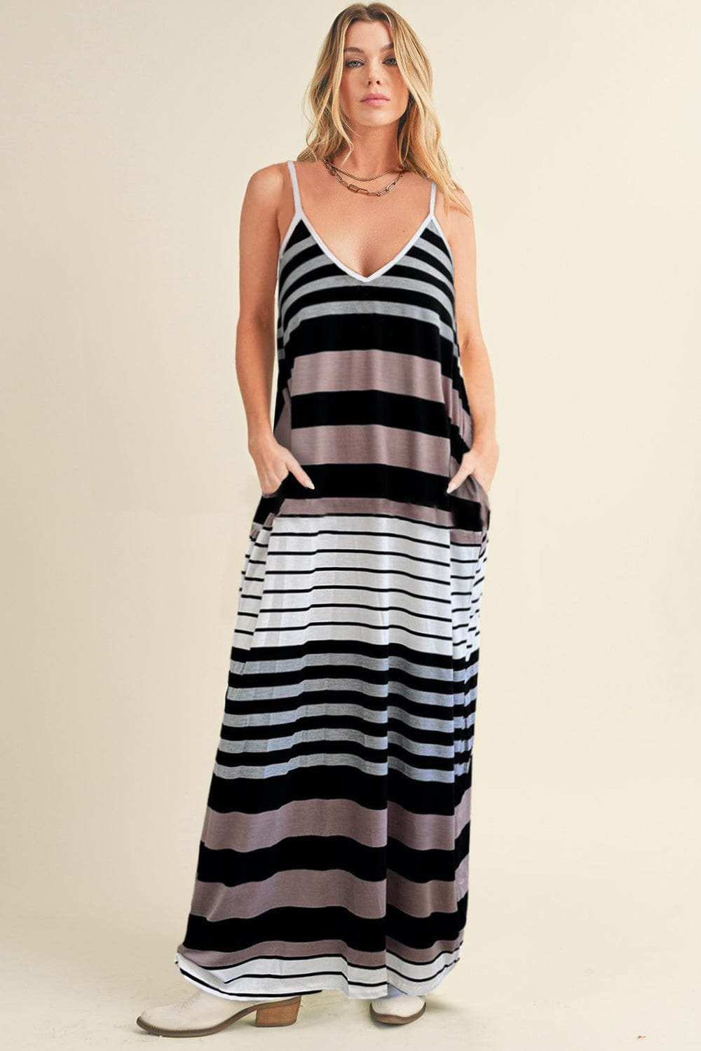 Pocketed Striped V-Neck Sleeveless Cami Dress - Trendsi - Flyclothing LLC