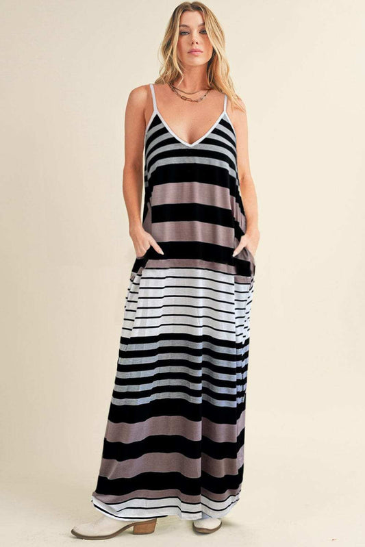 Pocketed Striped V-Neck Sleeveless Cami Dress - Trendsi - Flyclothing LLC
