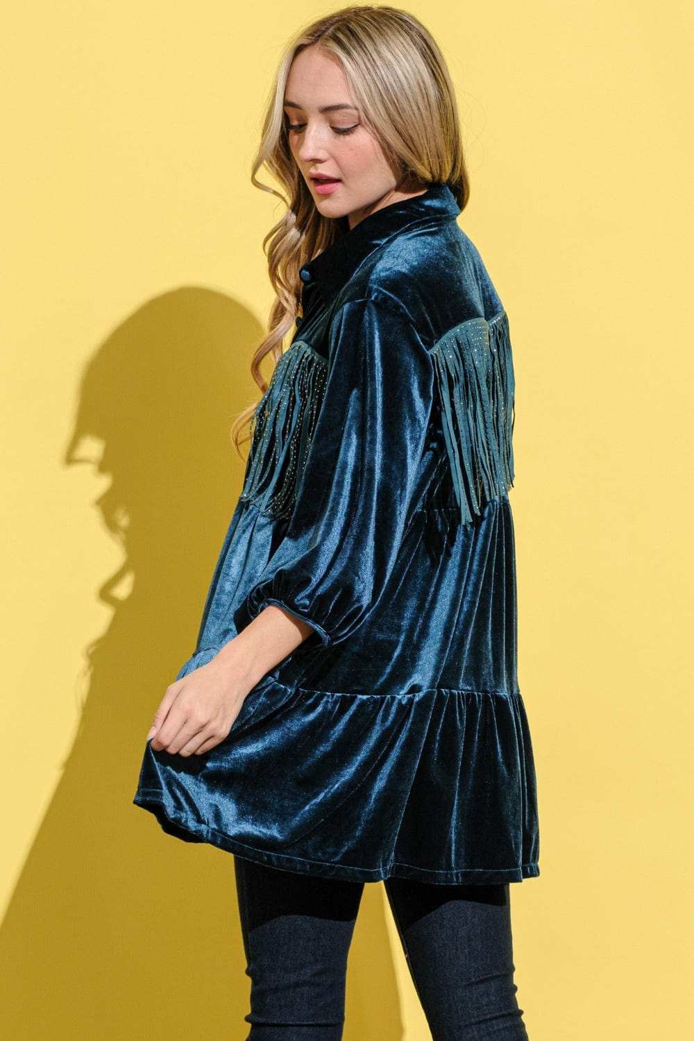And The Why Fringe Detailed Velvet Shirt Dress - Trendsi - Flyclothing LLC