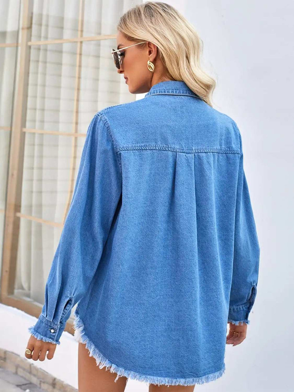 Raw Hem Button Up Long Sleeve Denim Jacket with Sequin Pockets - Trendsi - Flyclothing LLC