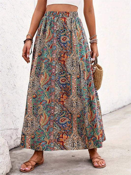 Slit Printed Elastic Waist Skirt - Trendsi - Flyclothing LLC