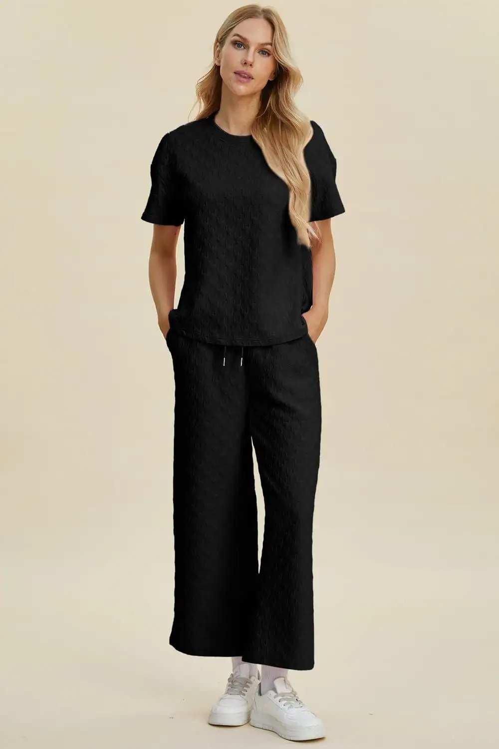 Double Take Full Size Texture Round Neck Short Sleeve Top and Pants Set - Trendsi - Flyclothing LLC
