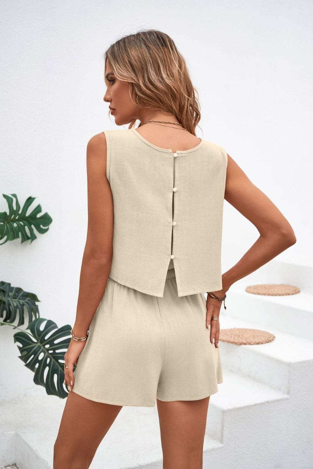 Round Neck Top and Drawstring Shorts Set - Trendsi - Flyclothing LLC