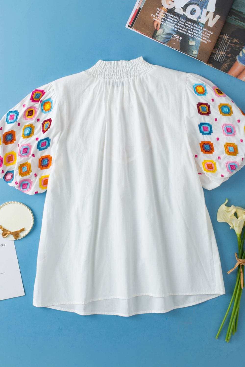 Smocked Neck Embroidered Puff Sleeve Top - Trendsi - Flyclothing LLC