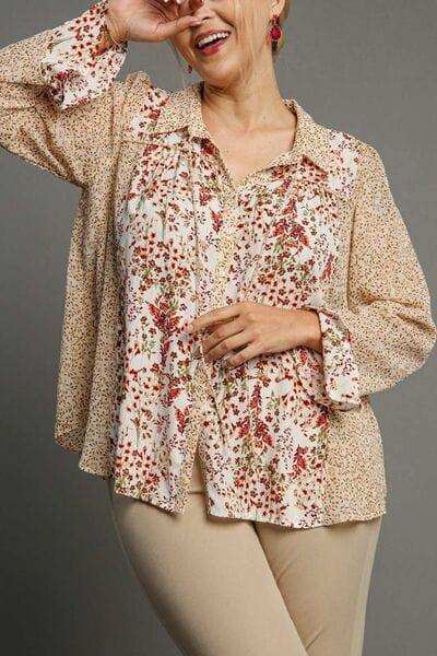 Umgee Full Size Mixed Print Metallic Detail Long Ruffle Sleeve Button Down Shirt Plus Size - Trendsi - Flyclothing LLC