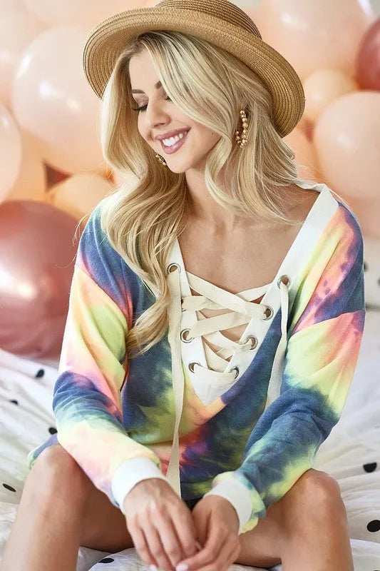 BiBi Tie Dye Deep V-Neck Top with Lace Up Front - Trendsi - Flyclothing LLC