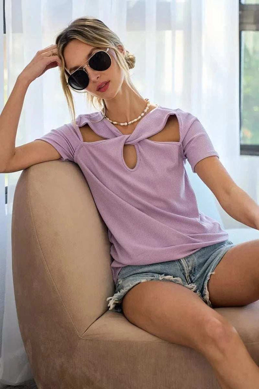 BiBi Rib Knit with Cut Out and Front Twist Detailed Top - Trendsi - Flyclothing LLC